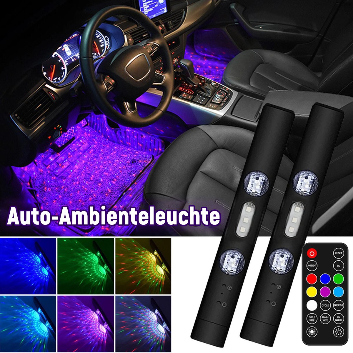 🚗 Iluminación ambiental RGB inalámbrica para coches | Sincronización con la música | Alimentación USB | Control remoto