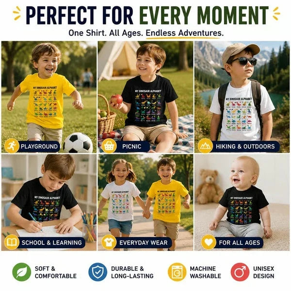 🔥Camiseta infantil con estampado de dinosaurios y alfabeto🔥