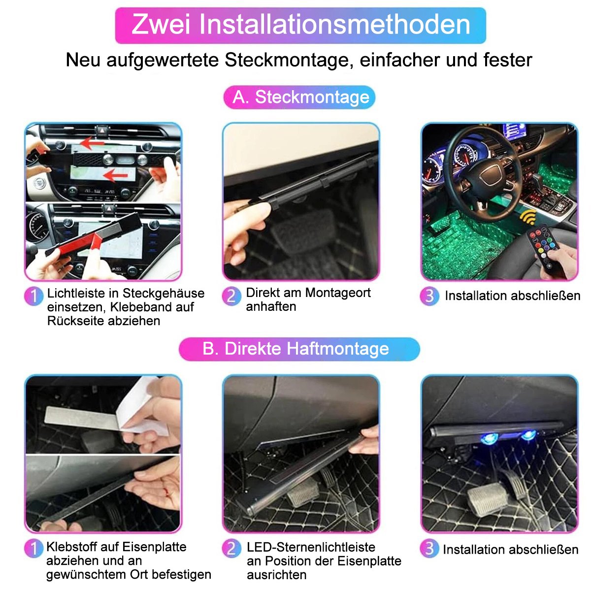 🚗 Iluminación ambiental RGB inalámbrica para coches | Sincronización con la música | Alimentación USB | Control remoto