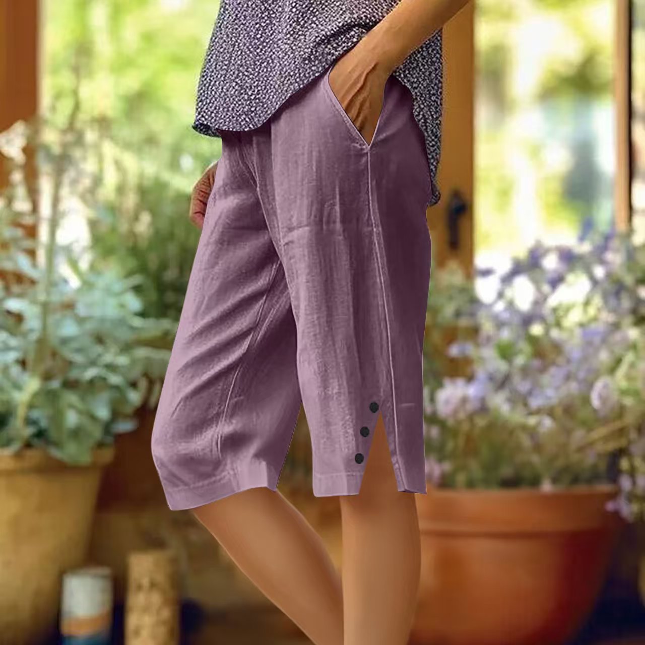 ⏳Oferta por tiempo limitado⏰Pantalones capri casuales de color liso con bolsillos para mujer