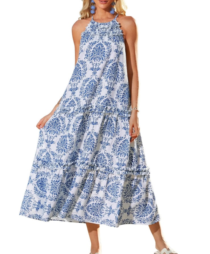 Last Day 50% OFF👗Women's Boho Casual Summer Floral Halter Tiered Beach Dress