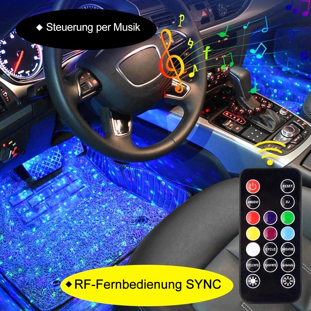 🚗 Iluminación ambiental RGB inalámbrica para coches | Sincronización con la música | Alimentación USB | Control remoto