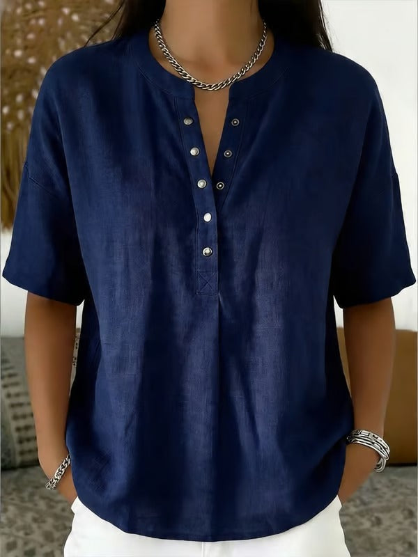 ¡Novedad! 🔥 Camisa casual de manga corta con cuello en V de lino y algodón para mujer.
