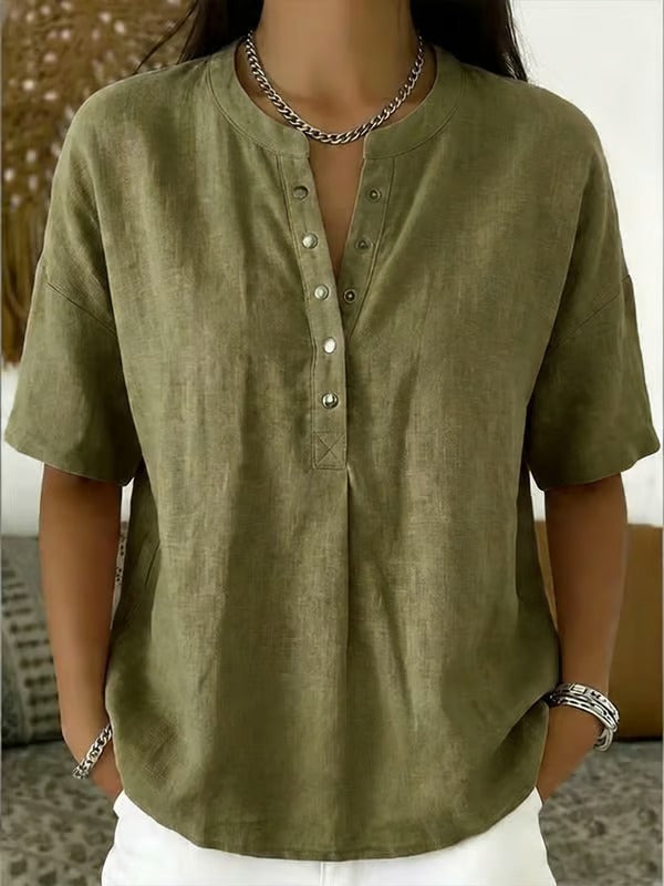 ¡Novedad! 🔥 Camisa casual de manga corta con cuello en V de lino y algodón para mujer.