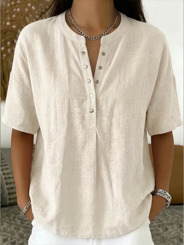 ¡Novedad! 🔥 Camisa casual de manga corta con cuello en V de lino y algodón para mujer.