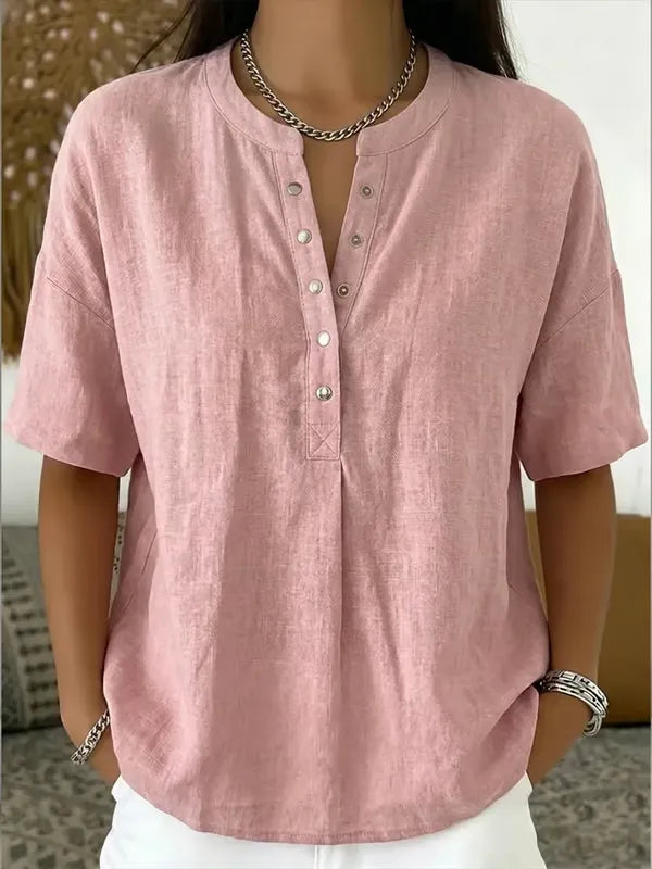 ¡Novedad! 🔥 Camisa casual de manga corta con cuello en V de lino y algodón para mujer.