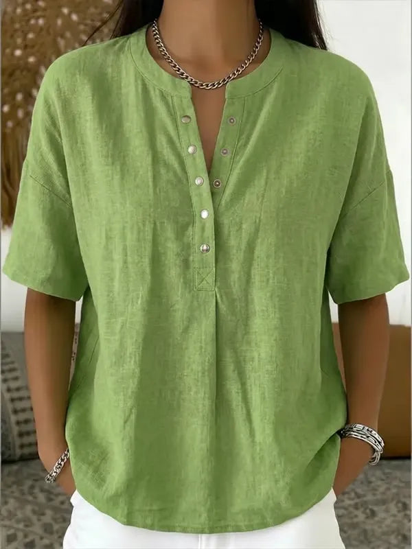 ¡Novedad! 🔥 Camisa casual de manga corta con cuello en V de lino y algodón para mujer.