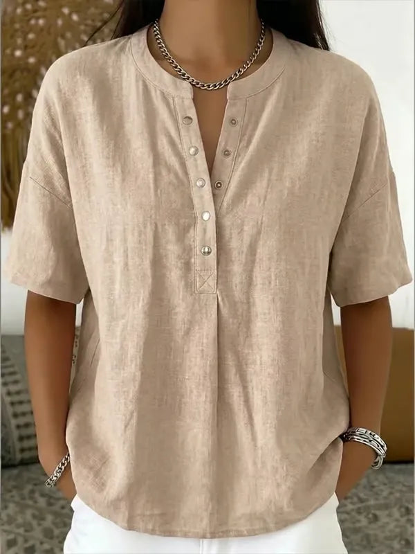 ¡Novedad! 🔥 Camisa casual de manga corta con cuello en V de lino y algodón para mujer.