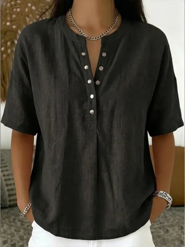 ¡Novedad! 🔥 Camisa casual de manga corta con cuello en V de lino y algodón para mujer.