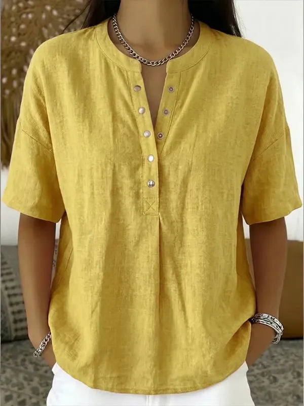 ¡Novedad! 🔥 Camisa casual de manga corta con cuello en V de lino y algodón para mujer.