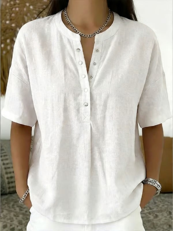 ¡Novedad! 🔥 Camisa casual de manga corta con cuello en V de lino y algodón para mujer.