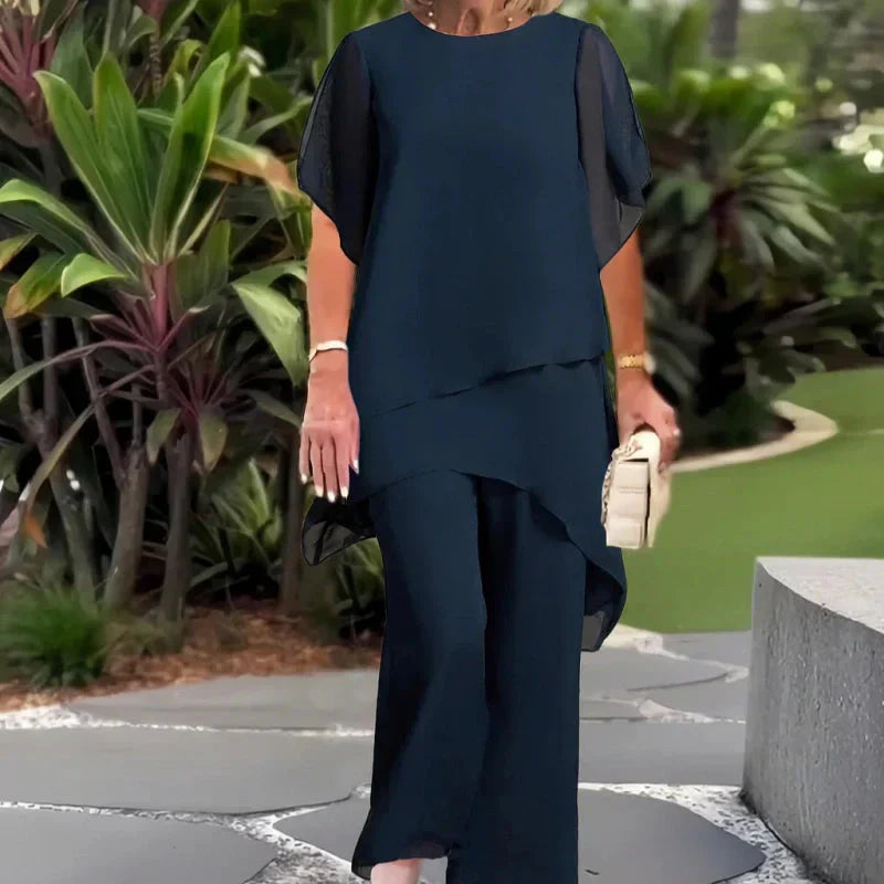 Conjunto de dos piezas para mujer: Top asimétrico elegante y pantalón de pierna ancha.