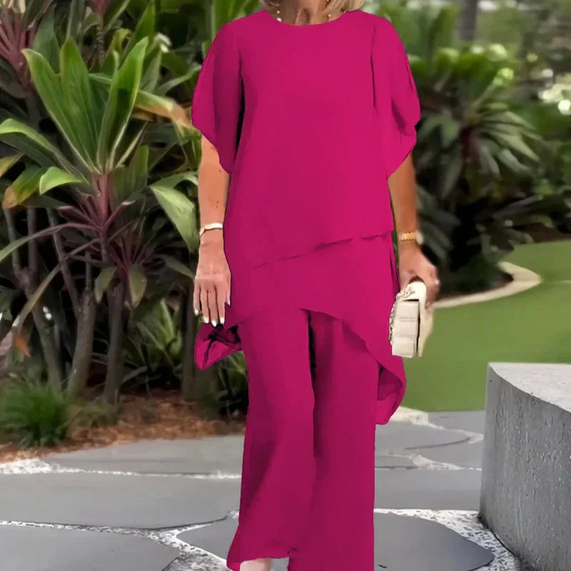 Conjunto de dos piezas para mujer: Top asimétrico elegante y pantalón de pierna ancha.