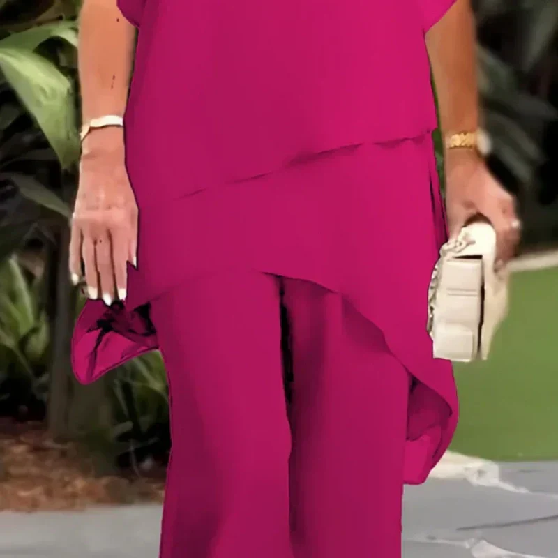 Conjunto de dos piezas para mujer: Top asimétrico elegante y pantalón de pierna ancha.