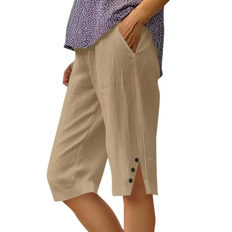 ⏳Oferta por tiempo limitado⏰Pantalones capri casuales de color liso con bolsillos para mujer