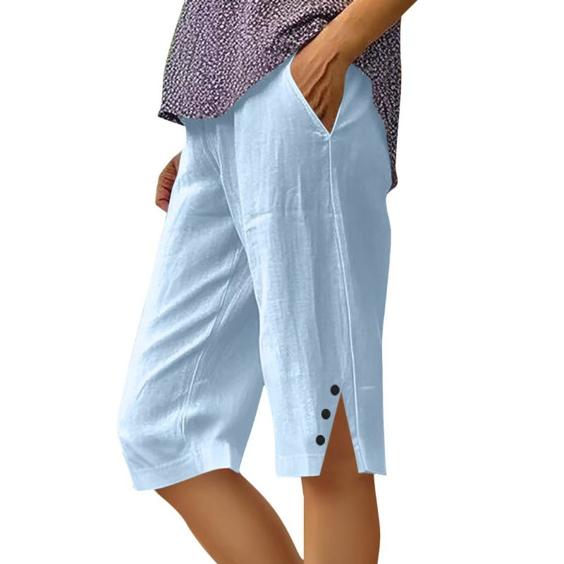 ⏳Oferta por tiempo limitado⏰Pantalones capri casuales de color liso con bolsillos para mujer