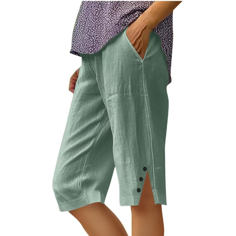⏳Oferta por tiempo limitado⏰Pantalones capri casuales de color liso con bolsillos para mujer