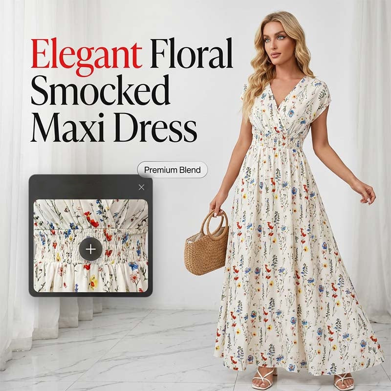 Vestido largo floral con escote en V – Elegante cintura fruncida y tejido de primera calidad – Imprescindible para el verano