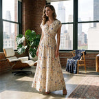 Vestido largo floral con escote en V – Elegante cintura fruncida y tejido de primera calidad – Imprescindible para el verano