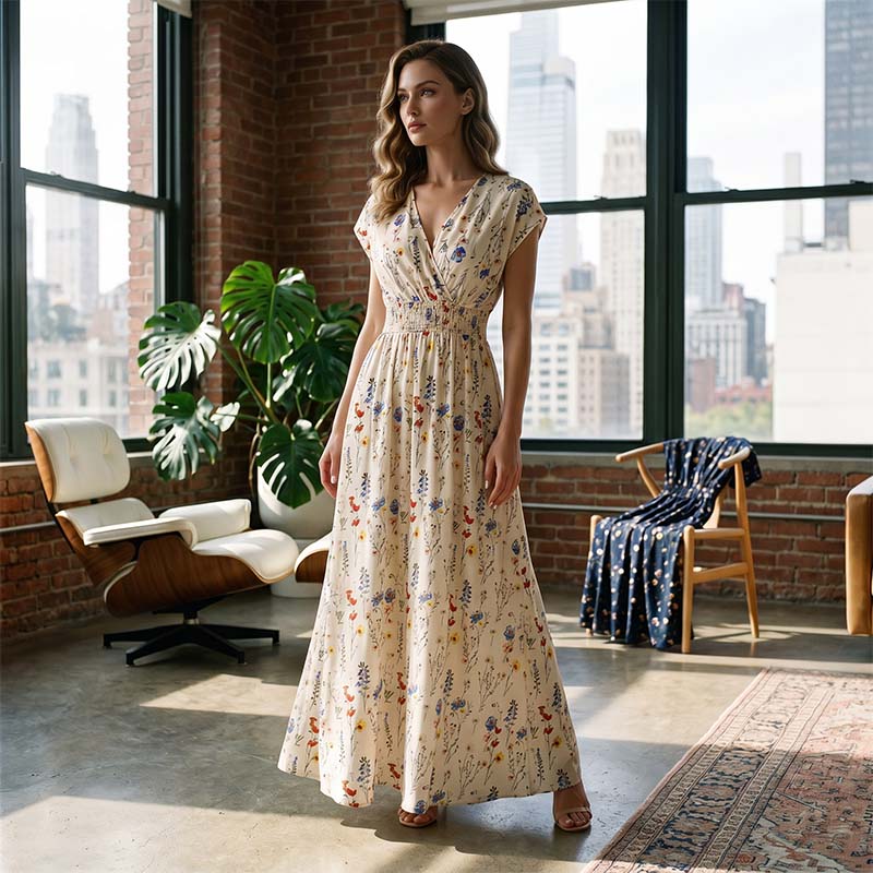 Vestido largo floral con escote en V – Elegante cintura fruncida y tejido de primera calidad – Imprescindible para el verano