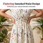 Vestido largo floral con escote en V – Elegante cintura fruncida y tejido de primera calidad – Imprescindible para el verano
