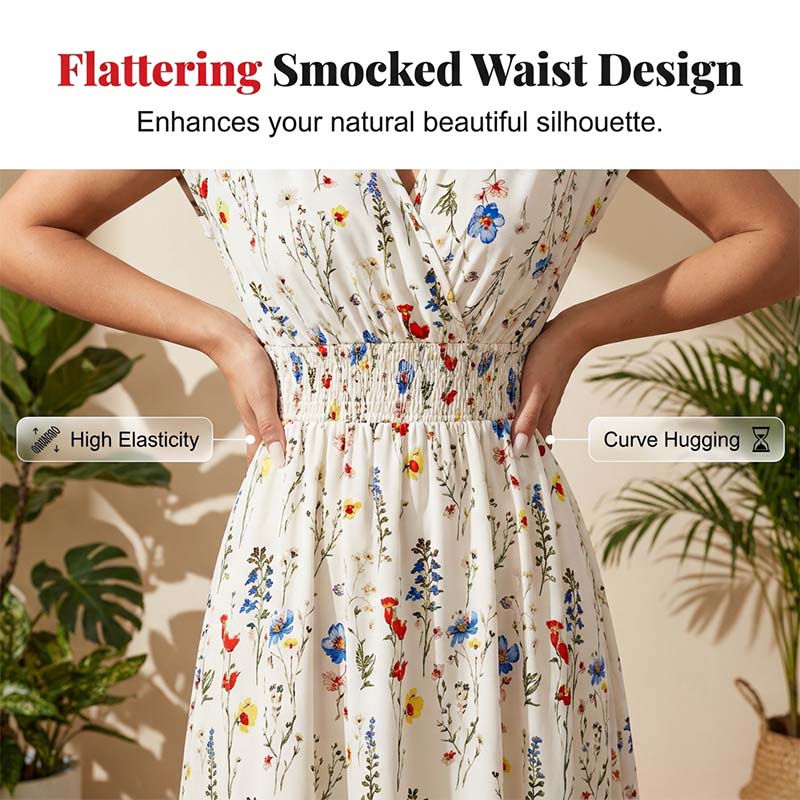 Vestido largo floral con escote en V – Elegante cintura fruncida y tejido de primera calidad – Imprescindible para el verano