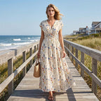 Vestido largo floral con escote en V – Elegante cintura fruncida y tejido de primera calidad – Imprescindible para el verano