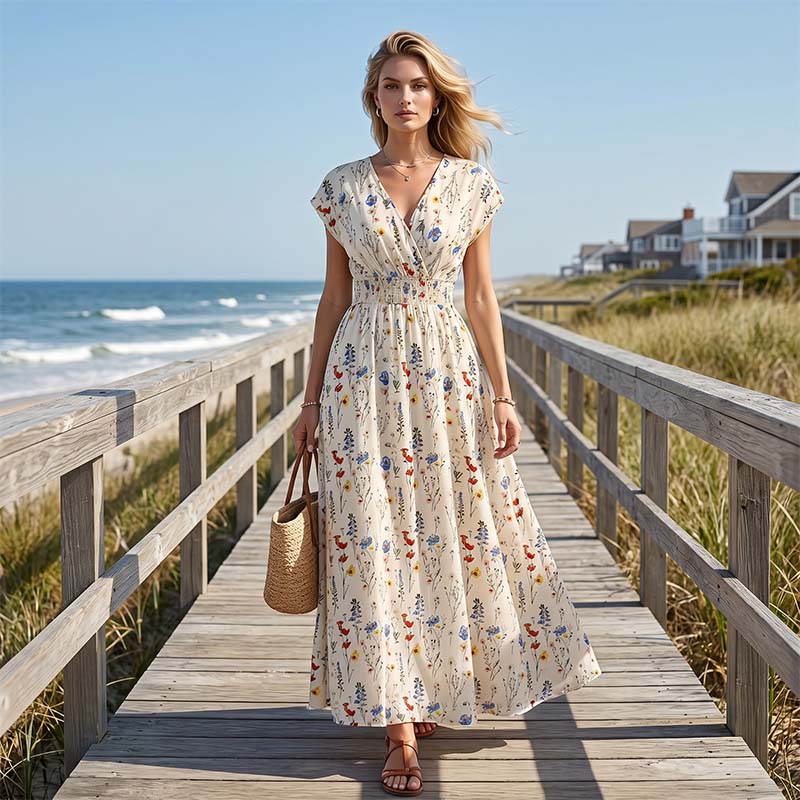 Vestido largo floral con escote en V – Elegante cintura fruncida y tejido de primera calidad – Imprescindible para el verano