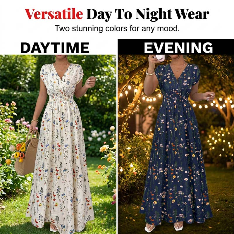 Vestido largo floral con escote en V – Elegante cintura fruncida y tejido de primera calidad – Imprescindible para el verano