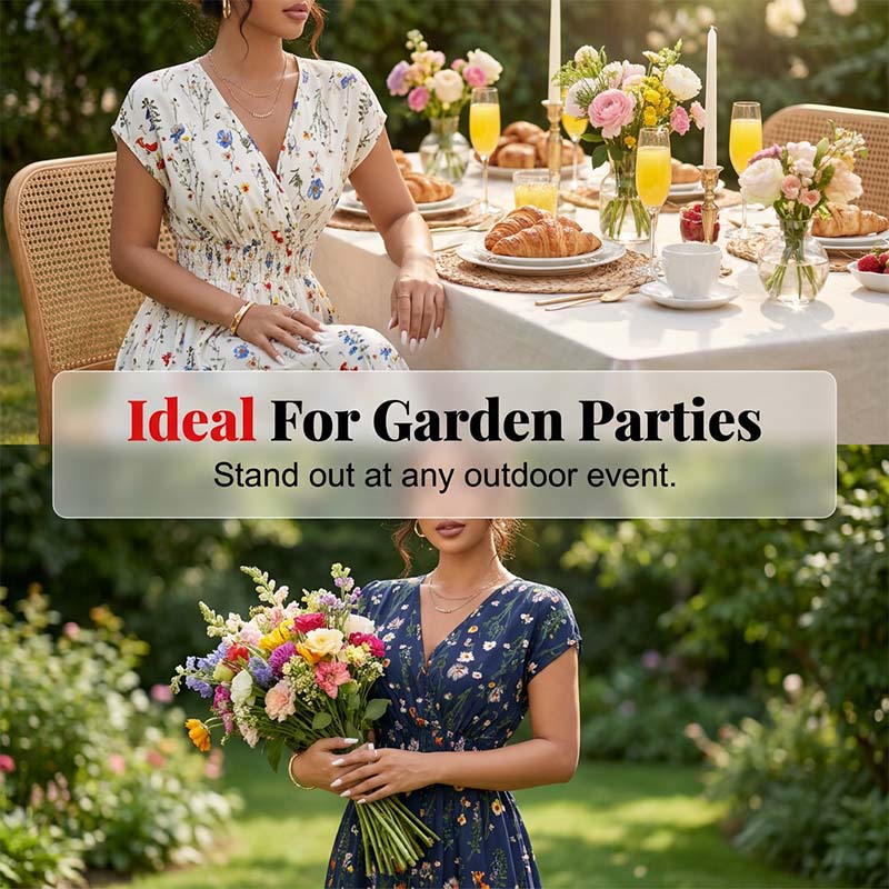 Vestido largo floral con escote en V – Elegante cintura fruncida y tejido de primera calidad – Imprescindible para el verano
