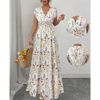 Vestido largo floral con escote en V – Elegante cintura fruncida y tejido de primera calidad – Imprescindible para el verano
