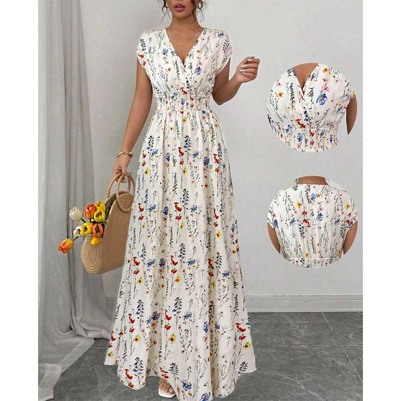 Vestido largo floral con escote en V – Elegante cintura fruncida y tejido de primera calidad – Imprescindible para el verano