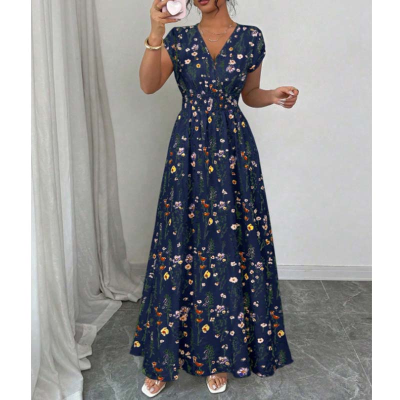Vestido largo floral con escote en V – Elegante cintura fruncida y tejido de primera calidad – Imprescindible para el verano