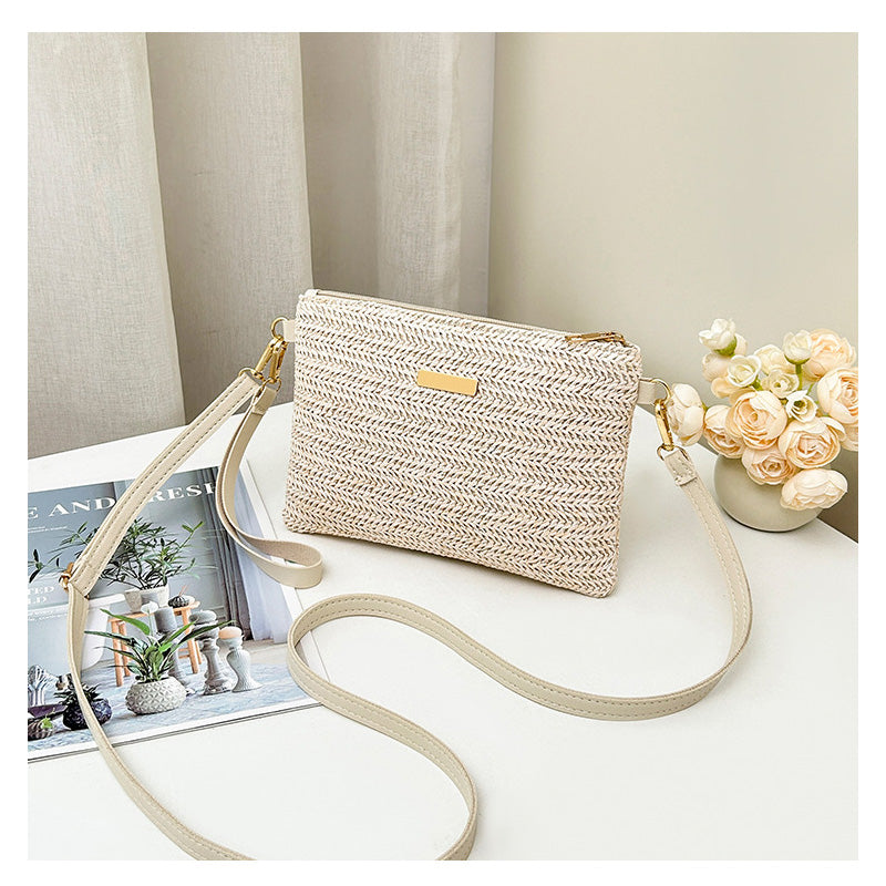Bolso de paja tejido con correa para el hombro para mujer