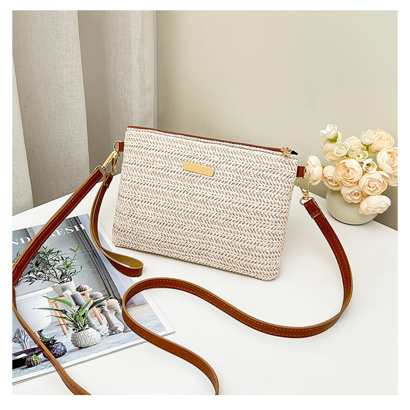 Bolso de paja tejido con correa para el hombro para mujer