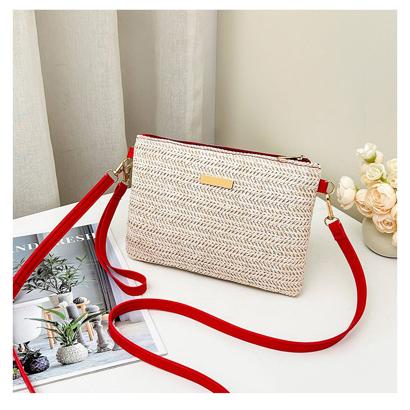 Bolso de paja tejido con correa para el hombro para mujer