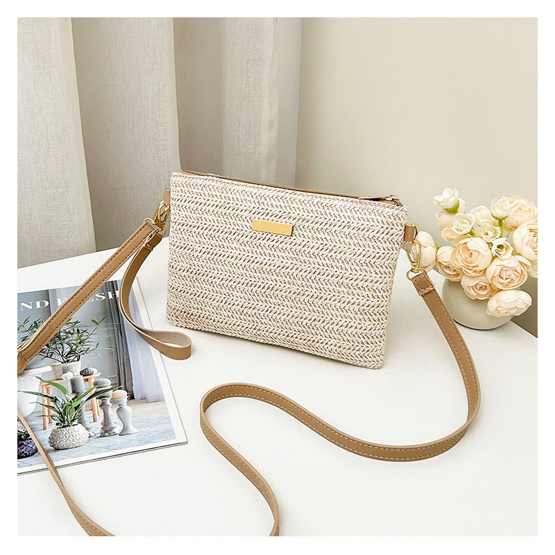 Bolso de paja tejido con correa para el hombro para mujer