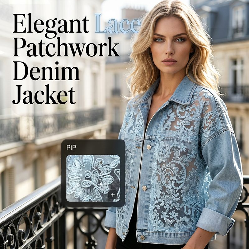 ⌛Oferta por tiempo limitado: Chaqueta vaquera holgada de encaje floral con patchwork para mujer