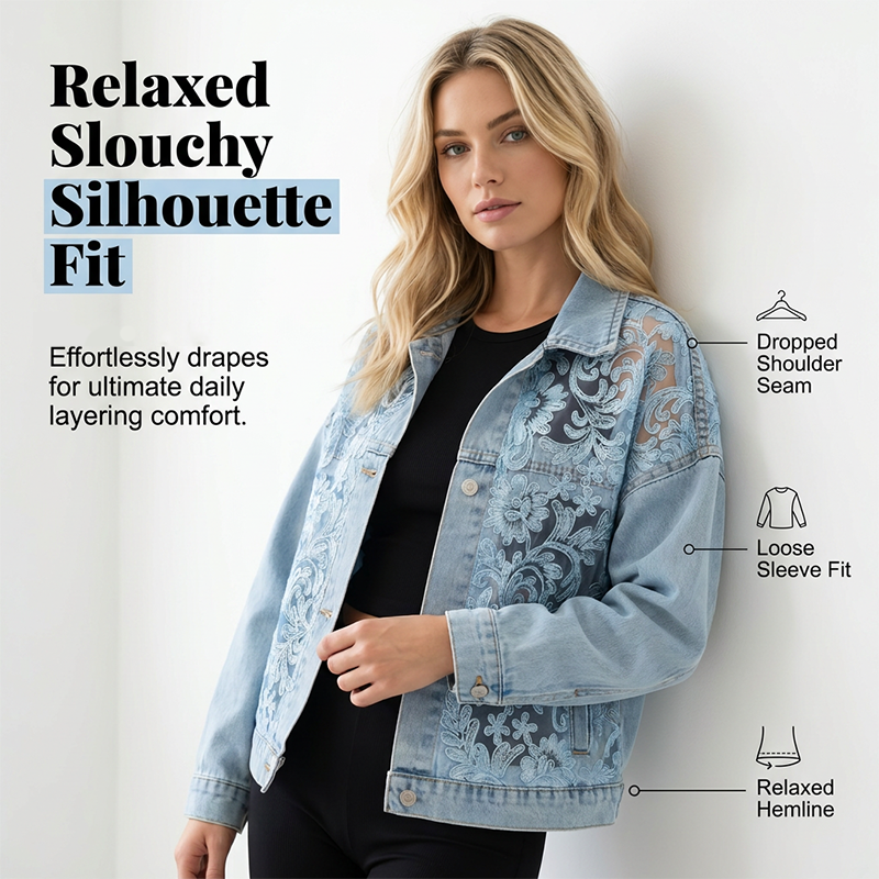 ⌛Oferta por tiempo limitado: Chaqueta vaquera holgada de encaje floral con patchwork para mujer