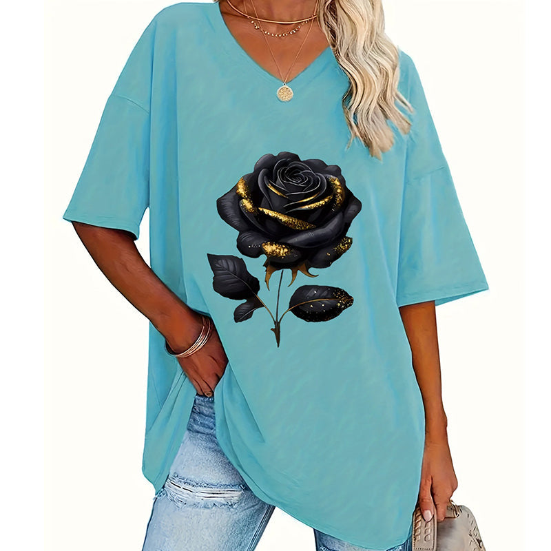 Camiseta de mujer de talla grande con estampado de rosas y cuello en V
