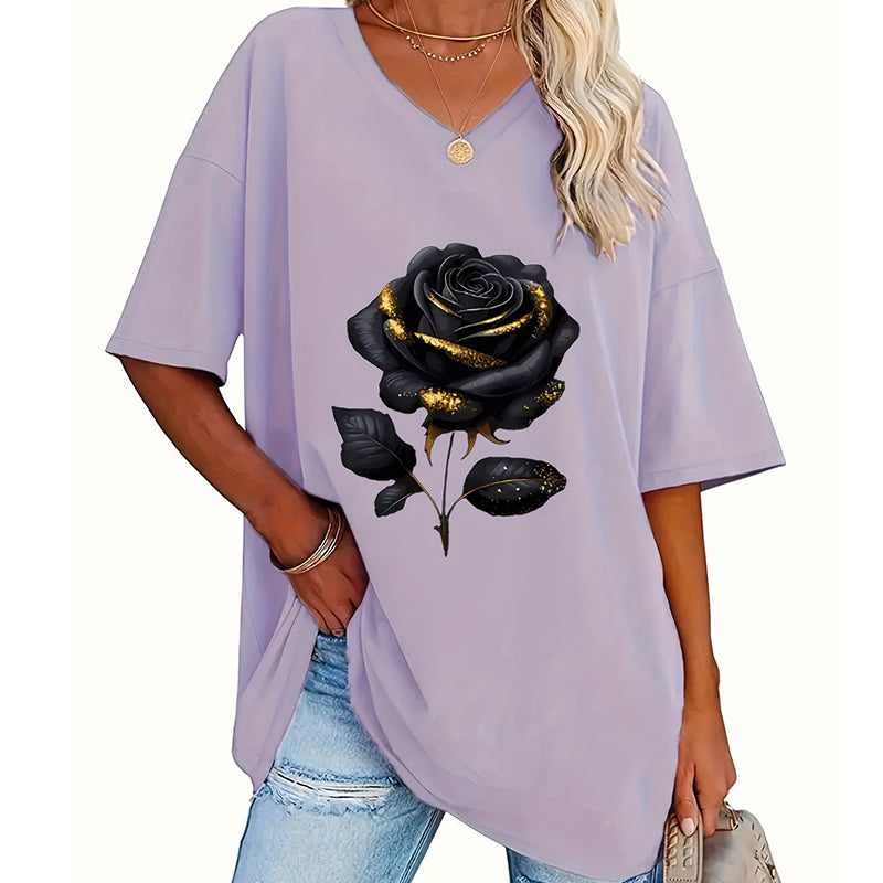 Camiseta de mujer de talla grande con estampado de rosas y cuello en V