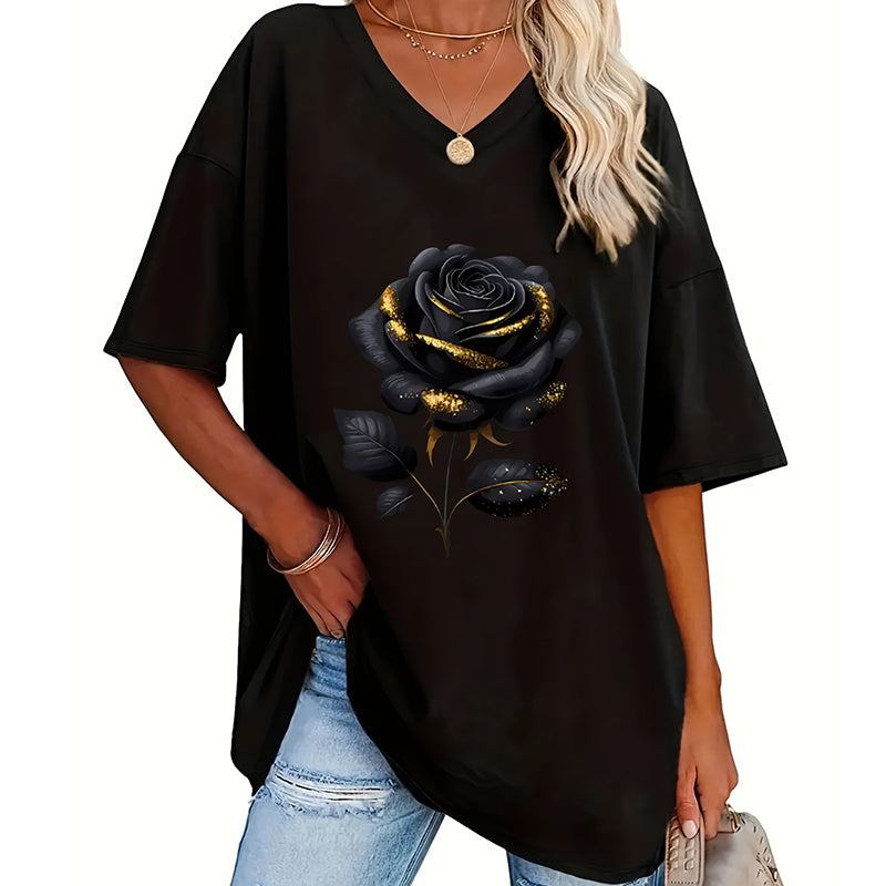 Camiseta de mujer de talla grande con estampado de rosas y cuello en V