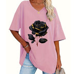 Camiseta de mujer de talla grande con estampado de rosas y cuello en V