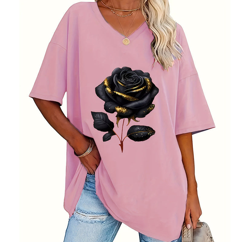 Camiseta de mujer de talla grande con estampado de rosas y cuello en V