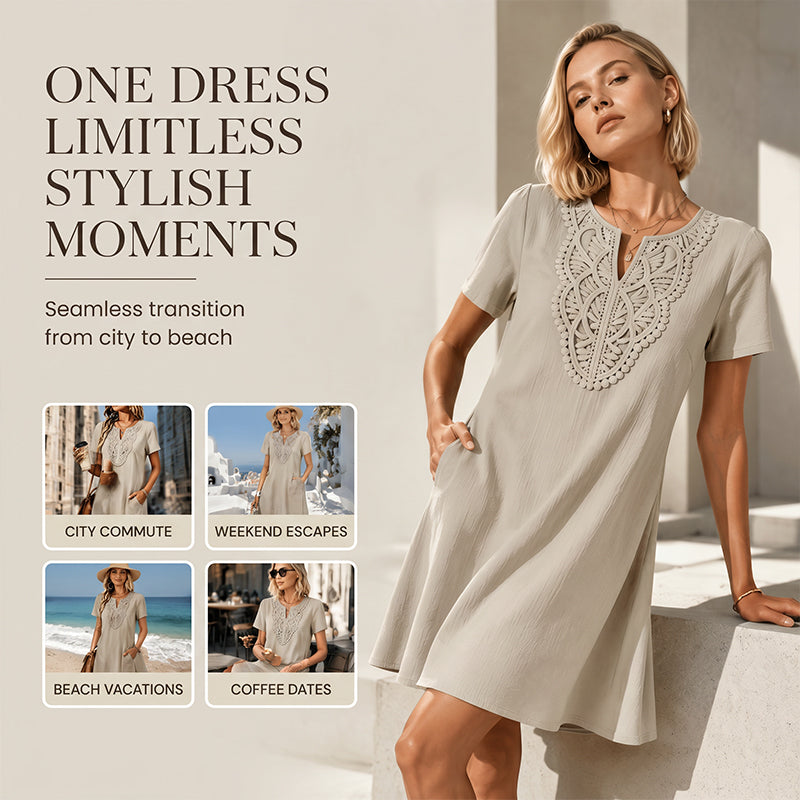 Vestido camiseta bohemio de encaje con cuello en V para mujer