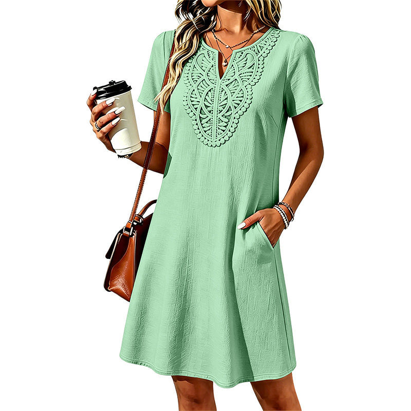 Vestido camiseta bohemio de encaje con cuello en V para mujer