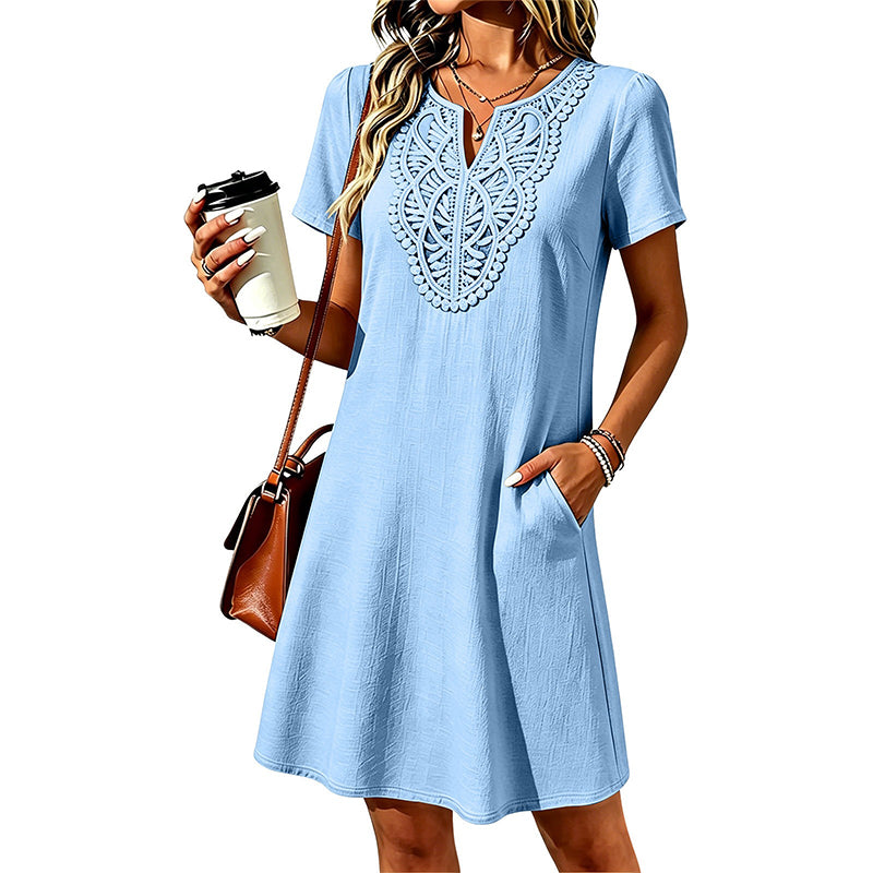 Vestido camiseta bohemio de encaje con cuello en V para mujer