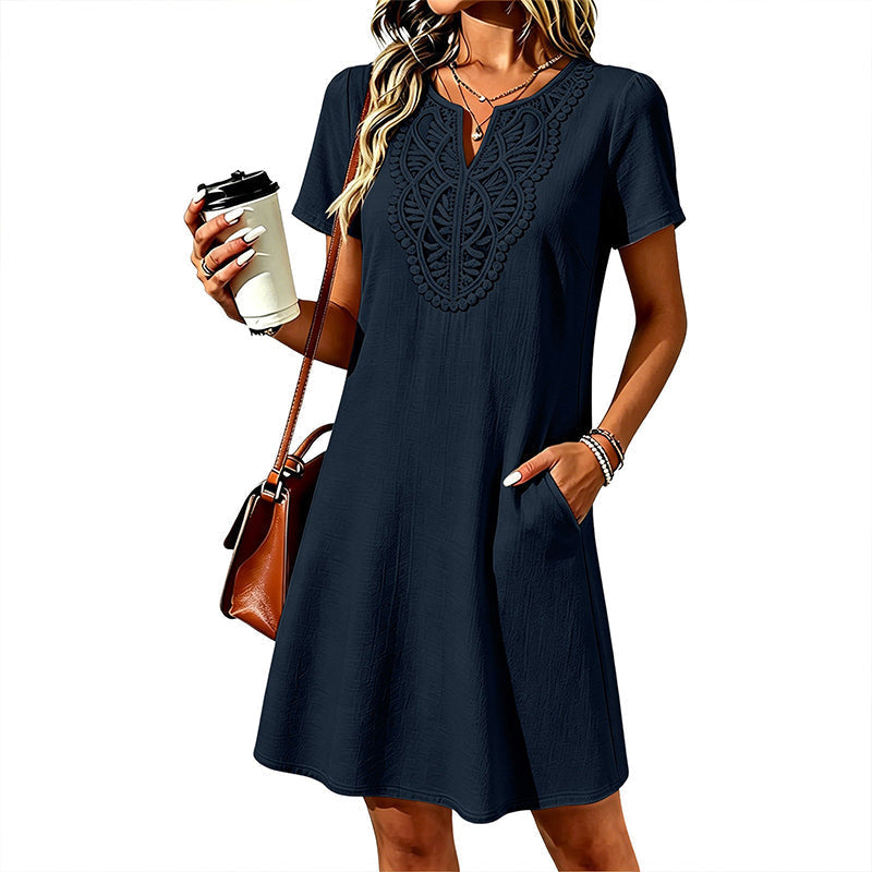 Vestido camiseta bohemio de encaje con cuello en V para mujer