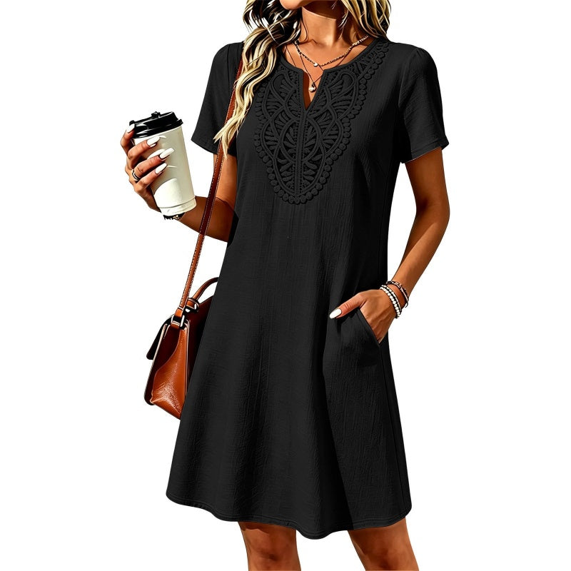 Vestido camiseta bohemio de encaje con cuello en V para mujer